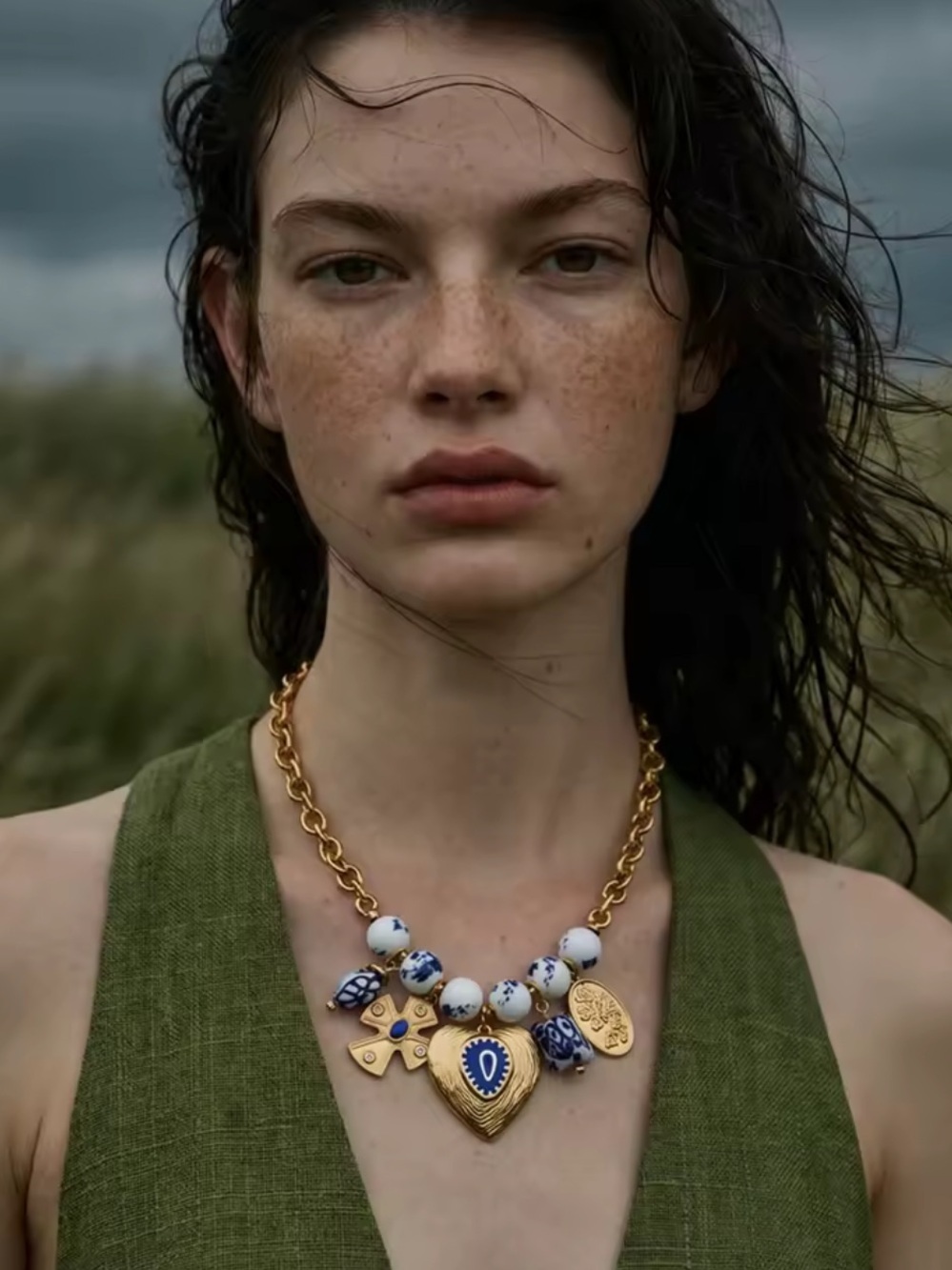 Mediterranean Blue Charm Gold Necklace